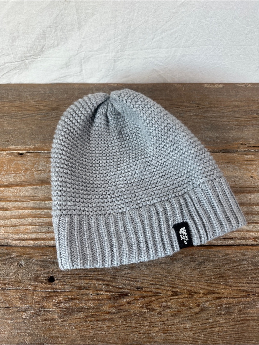 The North Face Light Gray Knit Beanie with Logo Tag